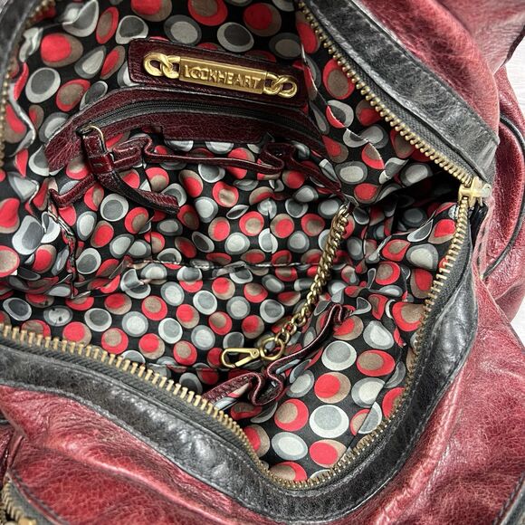 LOCKHEART DISTRESSED Y2K LARGE BURGUNDY GENUINE LEATHER HOBO SHOULDER TOTE BAG - Picture 7 of 10